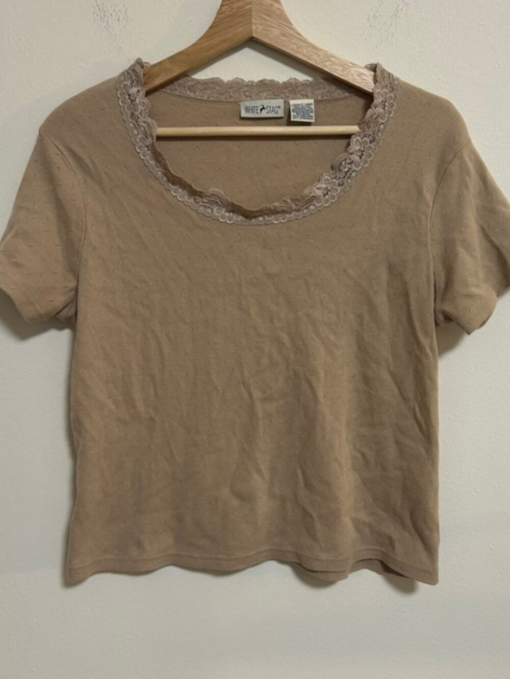 Vintage Y2K White Stag 100% Cotton Lace Trim T Shirt Tan Elevated Basic Sz L EUC